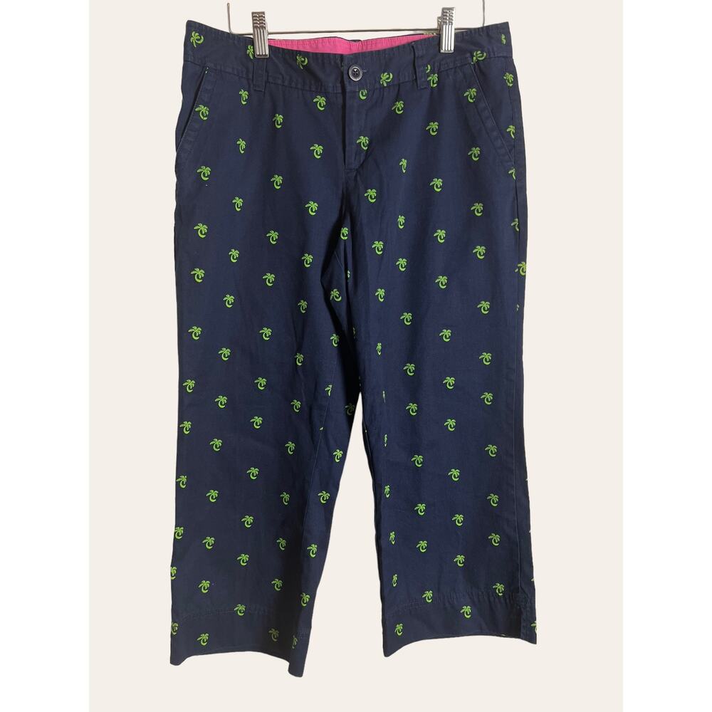 Lilly Pulitzer Navy Palm Tree Embroidered Mid Rise Cropped Capri Pants Size 10